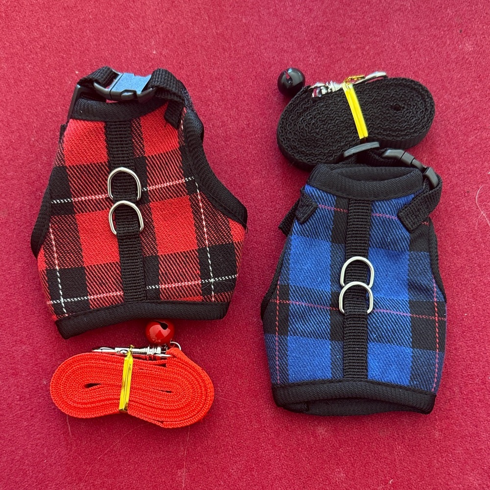 Plaid tea cup Pet Harness Set - Red and Blue